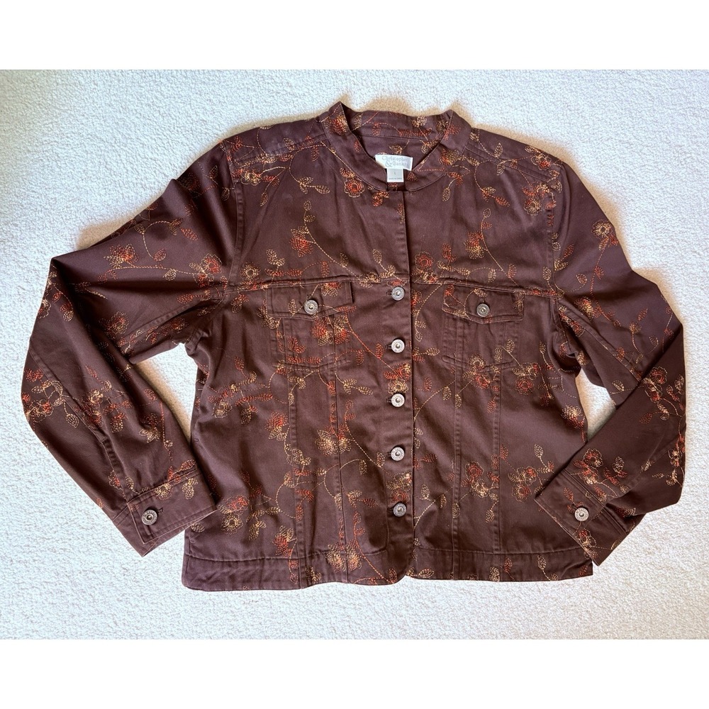 Christopher & Banks Brown Jacket Womens L Fall Autumn Floral Embroidered